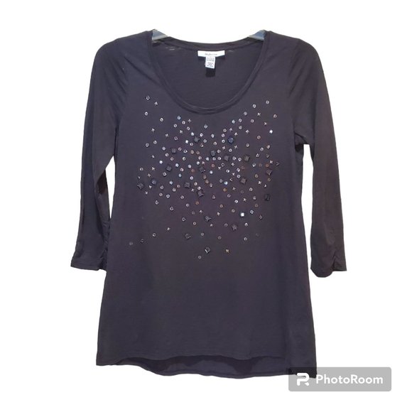 Style & Co. Tops - Style & Co Black Sequin Beaded Top Ruched Sleeve Sz M